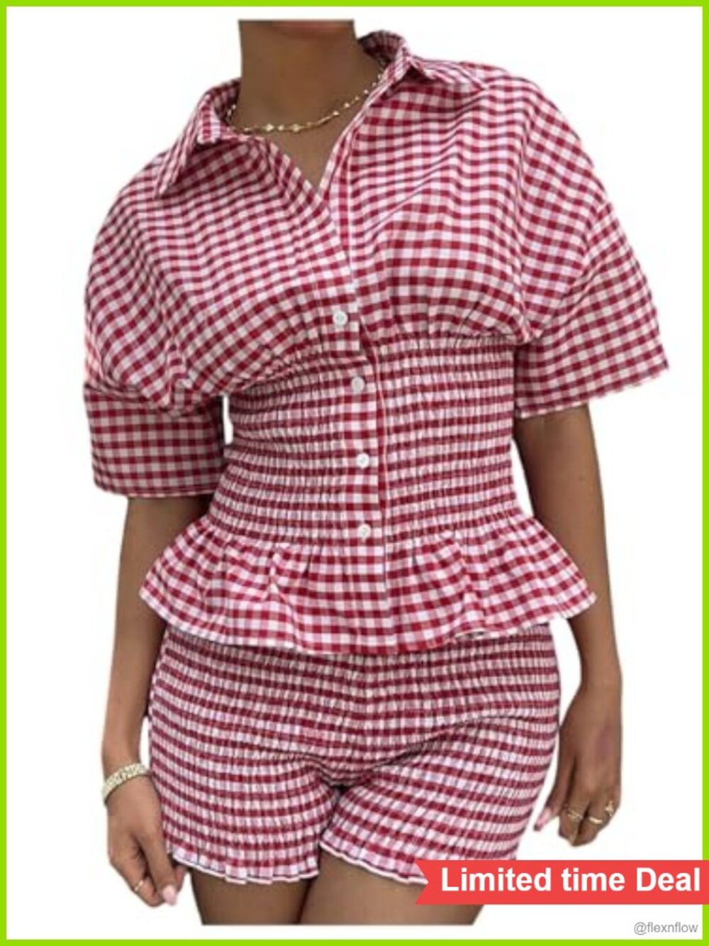 Milumia 2 Piece Short Set Plaid Button Front Peplum Top Matching Shorts